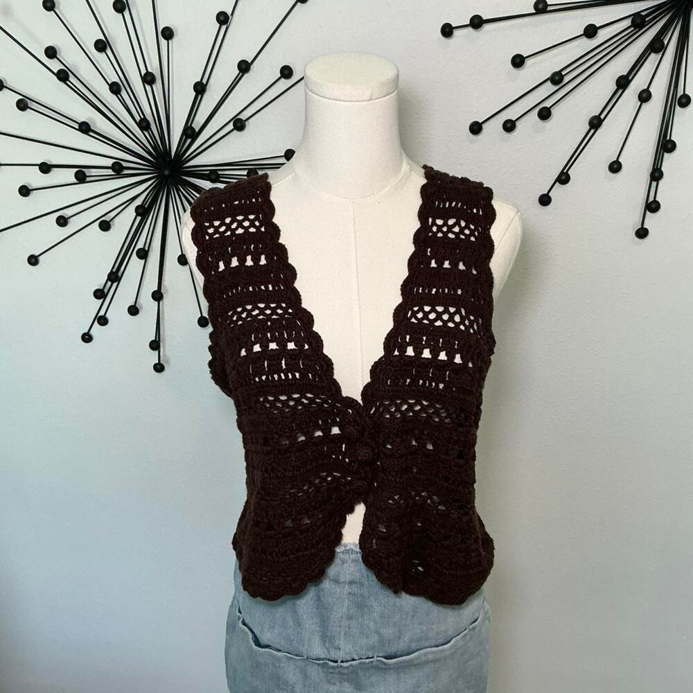 Style & Co brown crochet knit vest button front boho Y2K